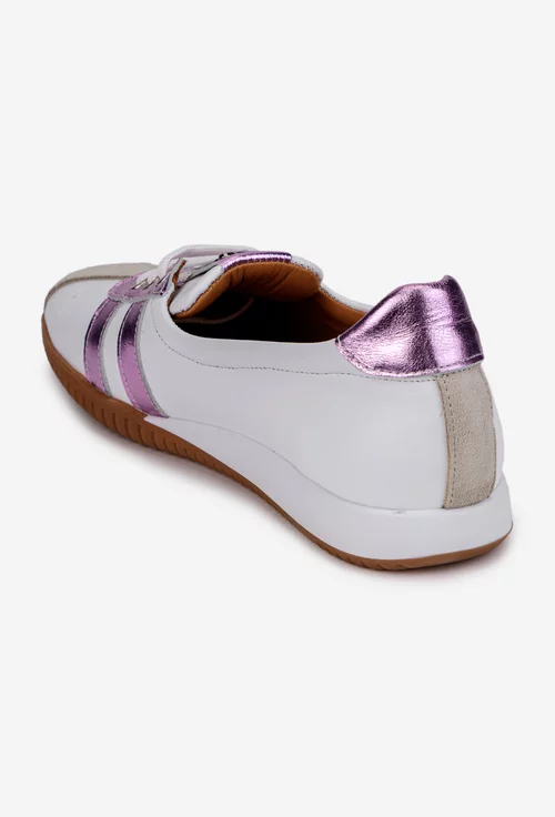 Pantofi dama NUR albi din piele cu detalii roz si bej