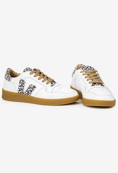 Pantofi dama NUR albi din piele naturala cu detalii animal print