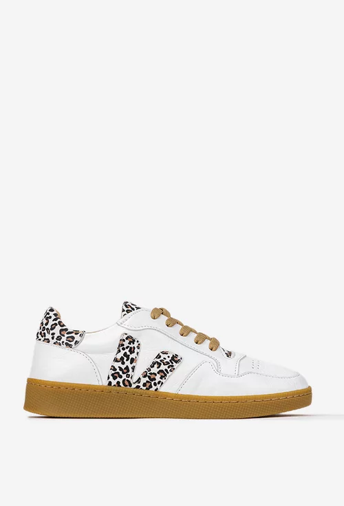 Pantofi dama NUR albi din piele naturala cu detalii animal print