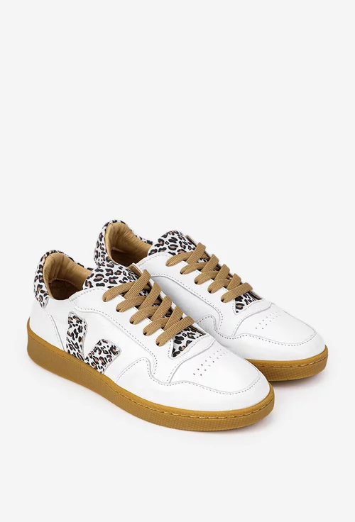 Pantofi dama NUR albi din piele naturala cu detalii animal print