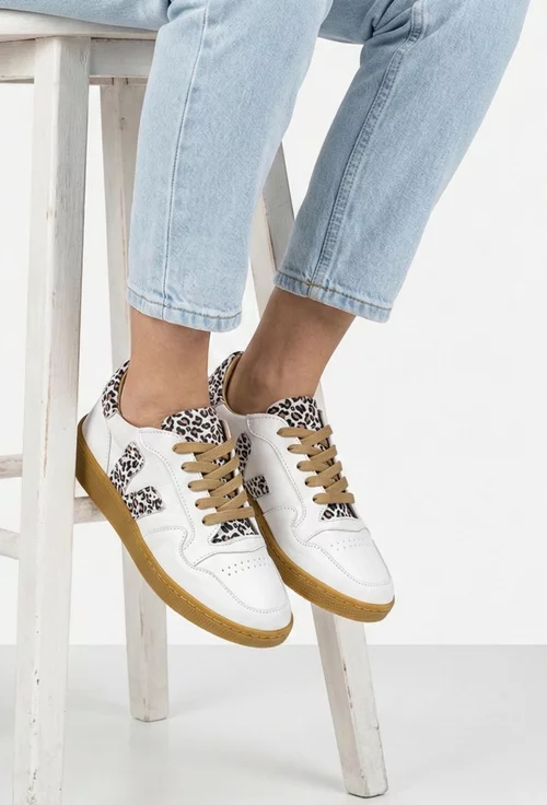 Pantofi dama NUR albi din piele naturala cu detalii animal print