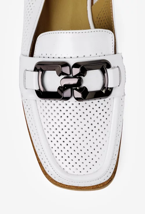 Pantofi dama NUR albi din piele naturala perforata cu ornament