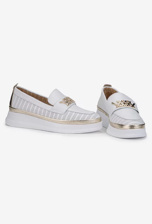 Pantofi dama NUR albi din piele perforata cu ornament