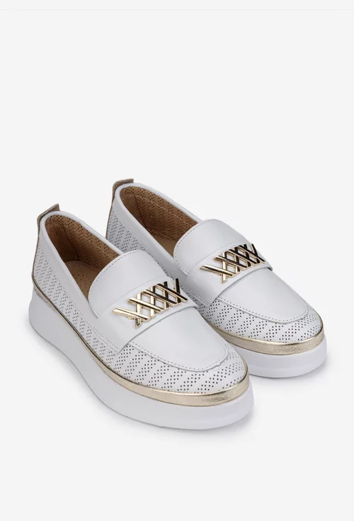 Pantofi dama NUR albi din piele perforata cu ornament