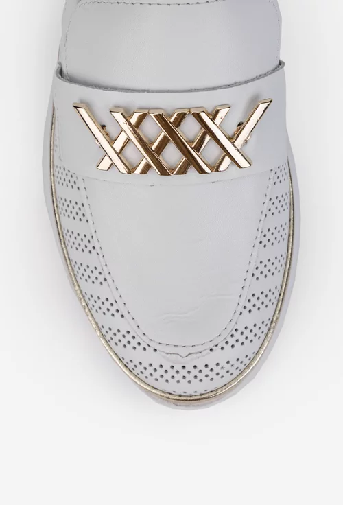 Pantofi dama NUR albi din piele perforata cu ornament