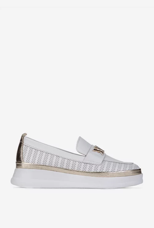 Pantofi dama NUR albi din piele perforata cu ornament