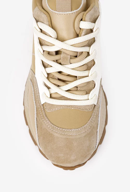 Pantofi dama NUR bej cu alb din piele si material textil