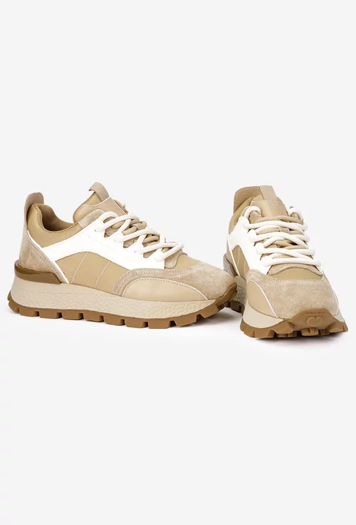 Pantofi dama NUR bej cu alb din piele si material textil