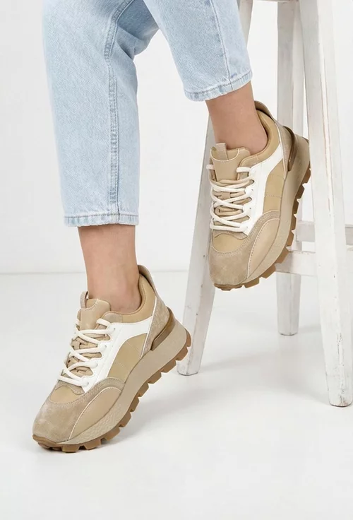Pantofi dama NUR bej cu alb din piele si material textil