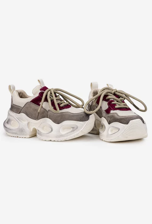 Pantofi dama NUR bej cu bordo din piele intoarsa si material textil