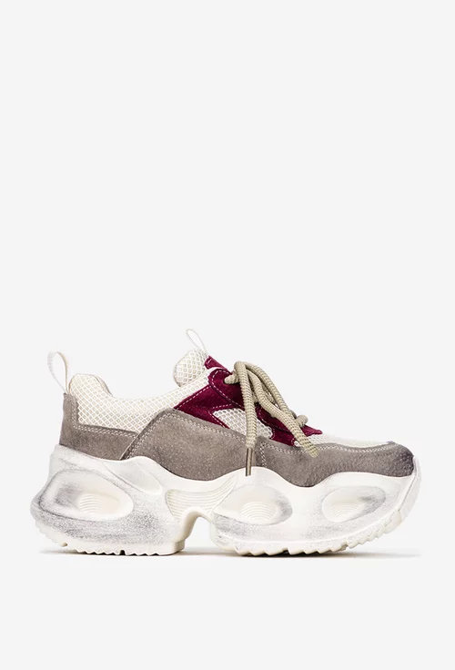 Pantofi dama NUR bej cu bordo din piele intoarsa si material textil