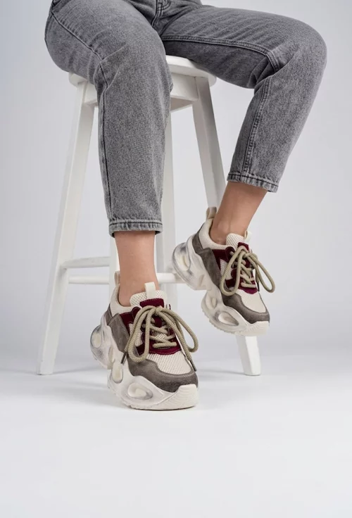 Pantofi dama NUR bej cu bordo din piele intoarsa si material textil picture - 2