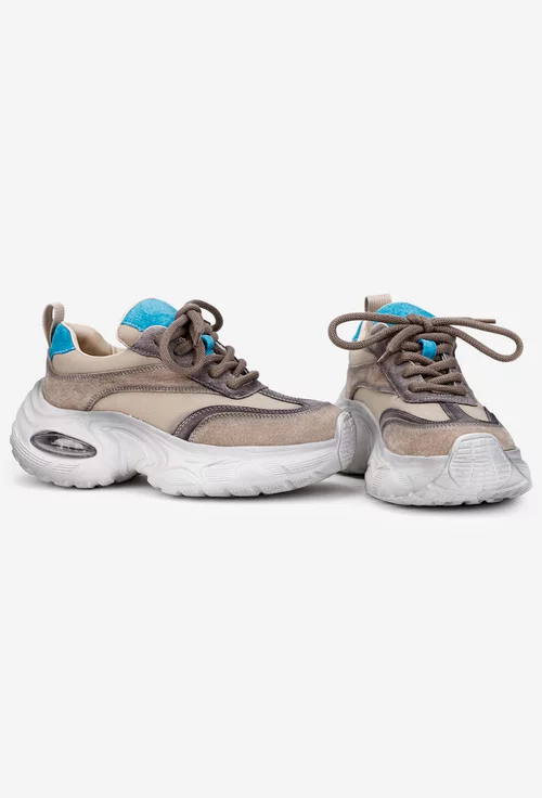 Pantofi dama NUR bej cu detalii bleu din piele intoarsa