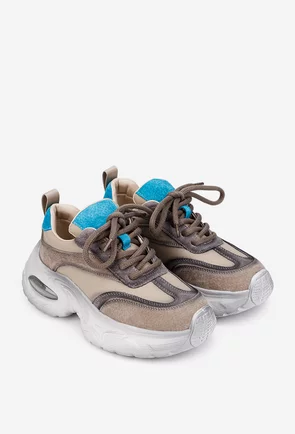 Pantofi dama NUR bej cu detalii bleu din piele intoarsa