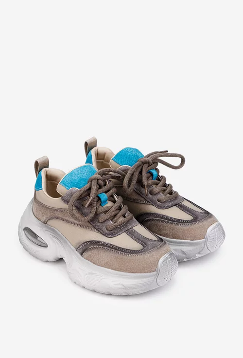 Pantofi dama NUR bej cu detalii bleu din piele intoarsa