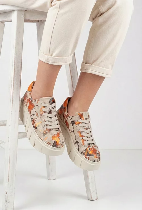 Pantofi dama NUR bej cu detalii colorate din piele