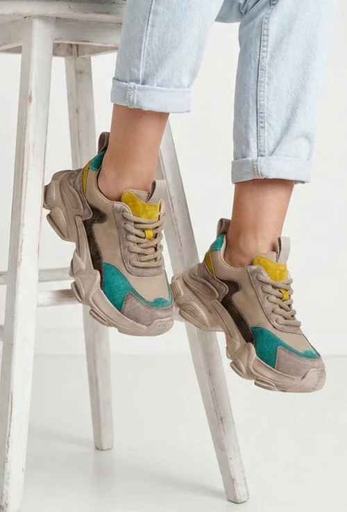 Pantofi dama NUR bej cu detalii colorate din piele