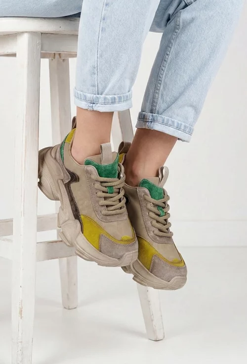 Pantofi dama NUR bej cu detalii colorate din piele