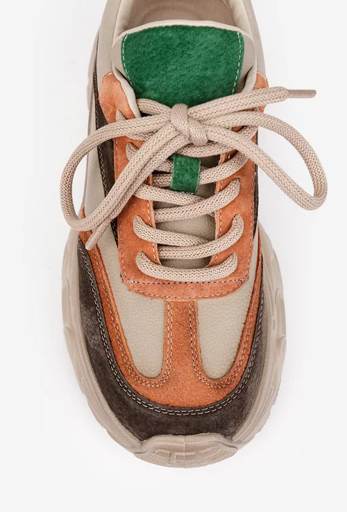 Pantofi dama NUR bej cu detalii colorate din piele intoarsa