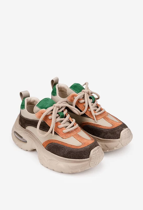 Pantofi dama NUR bej cu detalii colorate din piele intoarsa