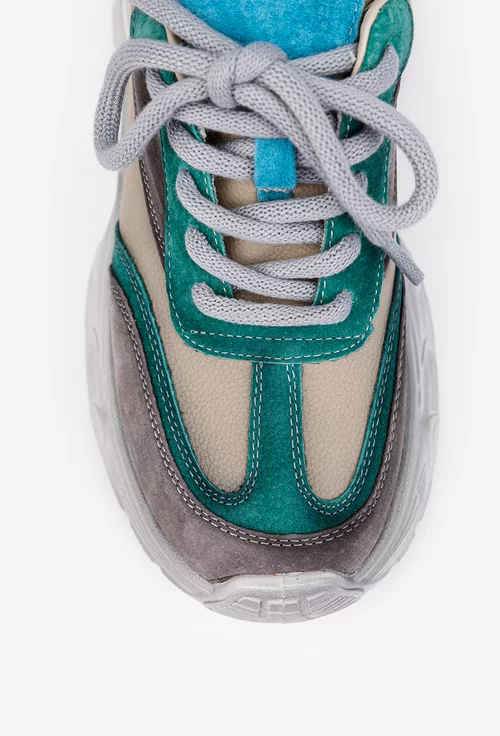 Pantofi dama NUR bej cu detalii multicolore din piele intoarsa