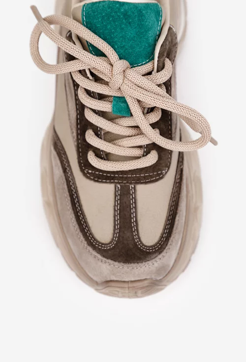 Pantofi dama NUR bej cu detalii verzi din piele intoarsa