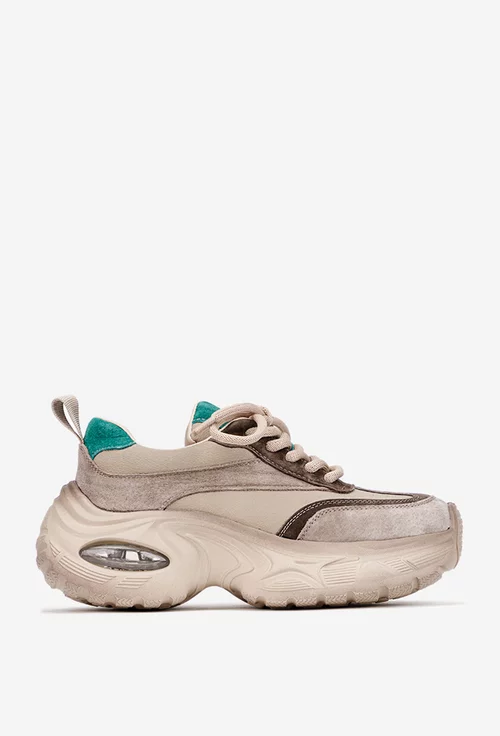 Pantofi dama NUR bej cu detalii verzi din piele intoarsa