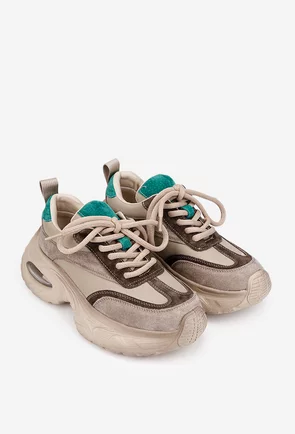 Pantofi dama NUR bej cu detalii verzi din piele intoarsa