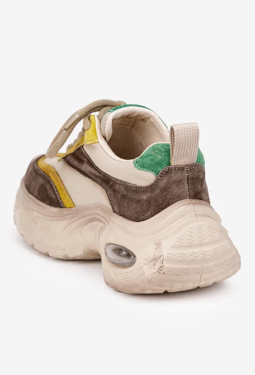 Pantofi dama NUR bej cu detalii verzi si galbene din piele intoarsa