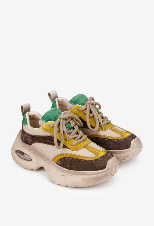 Pantofi dama NUR bej cu detalii verzi si galbene din piele intoarsa