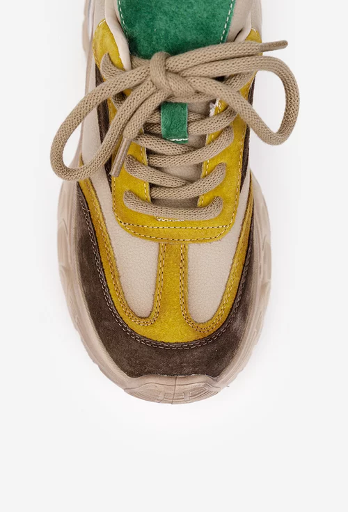 Pantofi dama NUR bej cu detalii verzi si galbene din piele intoarsa