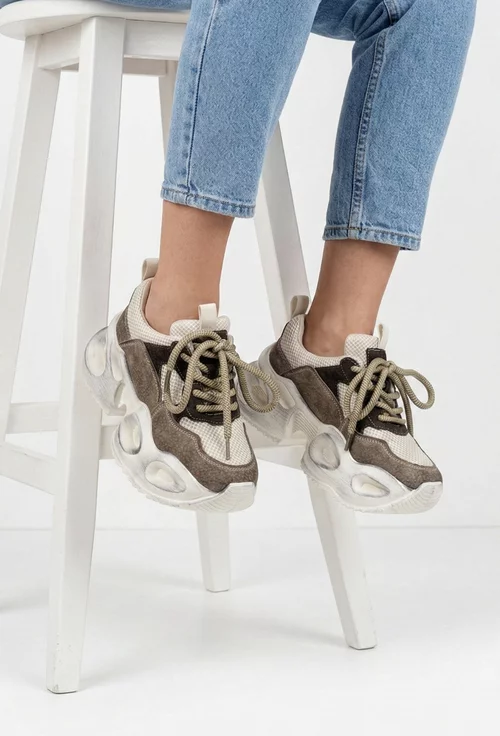 Pantofi dama NUR bej cu maro din piele intoarsa si material textil