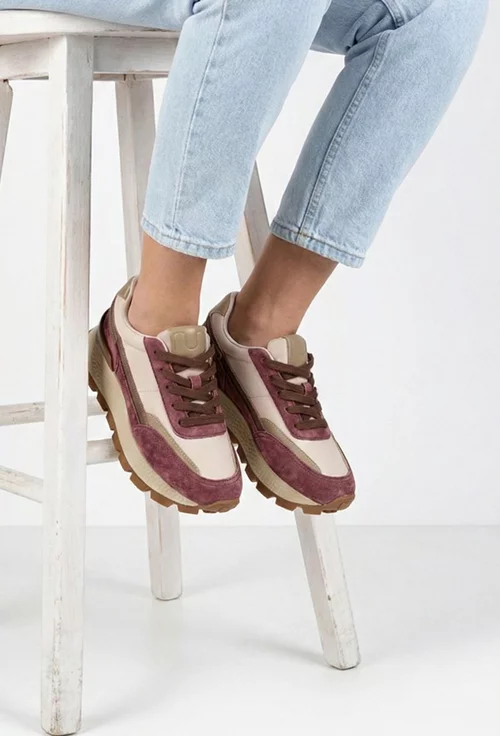 Pantofi dama NUR bej cu mov din piele si material textil