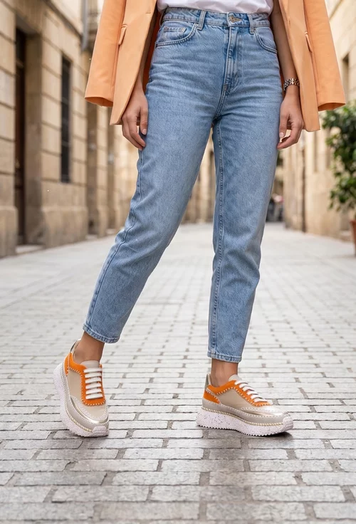 Pantofi dama NUR bej cu portocaliu din piele