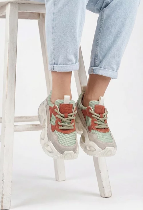 Pantofi dama NUR bej cu portocaliu din piele intoarsa si material textil