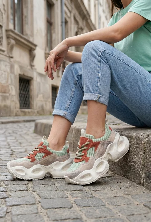 Pantofi dama NUR bej cu portocaliu din piele intoarsa si material textil picture - 2