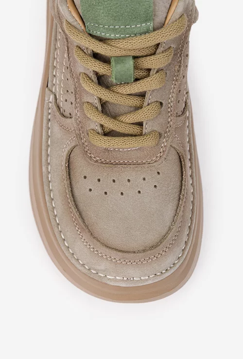 Pantofi dama NUR bej cu verde din piele nabuc