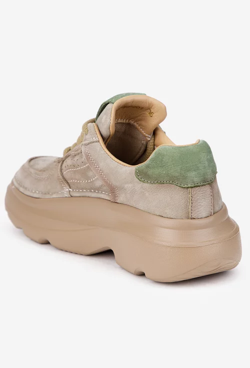 Pantofi dama NUR bej cu verde din piele nabuc