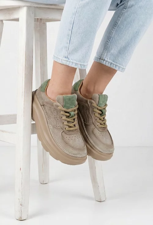 Pantofi dama NUR bej cu verde din piele nabuc