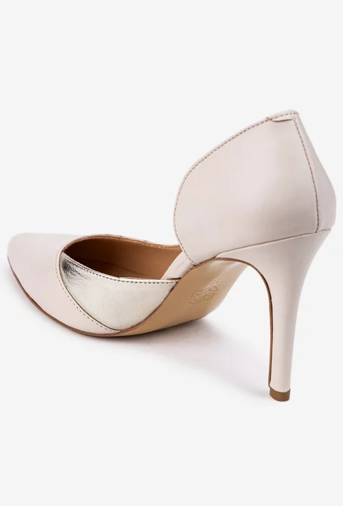Pantofi dama NUR bej deschis cu auriu din piele cu toc subtire