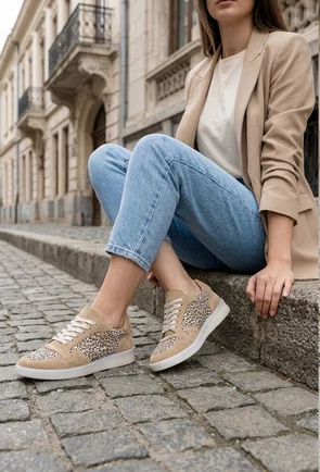 Pantofi dama NUR bej din piele intoarsa cu detalii animal print