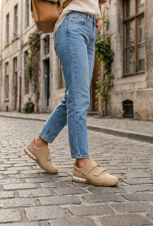 Pantofi dama NUR bej din piele intoarsa cu inchidere velcro
