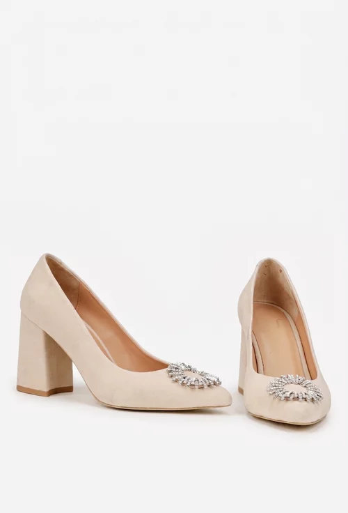 Pantofi dama NUR bej din piele intoarsa cu ornament
