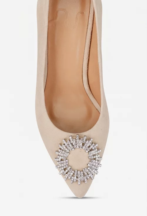 Pantofi dama NUR bej din piele intoarsa cu ornament