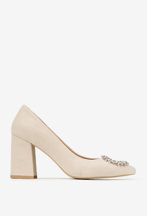 Pantofi dama NUR bej din piele intoarsa cu ornament