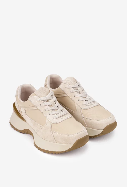 Pantofi dama NUR bej din piele intoarsa si material textil