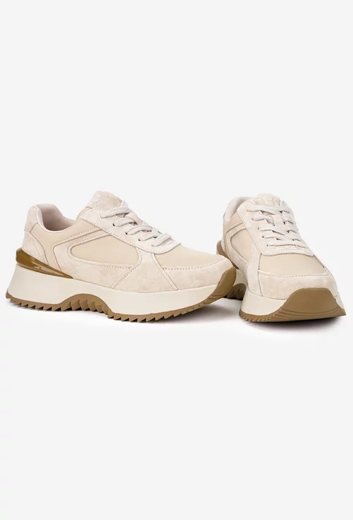 Pantofi dama NUR bej din piele intoarsa si material textil