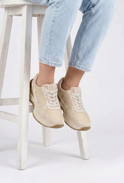 Pantofi dama NUR bej din piele intoarsa si material textil