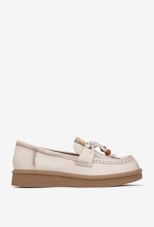 Pantofi dama NUR bej din piele nabuc cu ornament