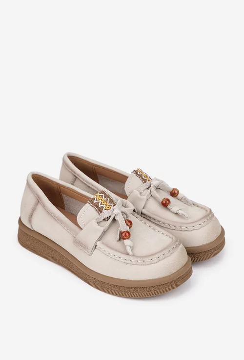 Pantofi dama NUR bej din piele nabuc cu ornament